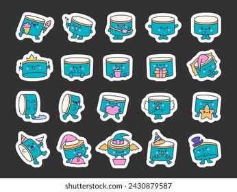 Cartoon kawaii drum character with sticks. Sticker Bookmark. Funny musical personage with drumsticks. Hand drawn style. Vector drawing. Collection of design elements.