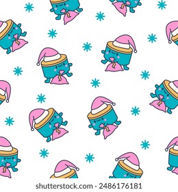 Cartoon kawaii drum character with sticks. Seamless pattern. Funny musical personage with drumsticks. Hand drawn style. Vector drawing. Design ornaments.