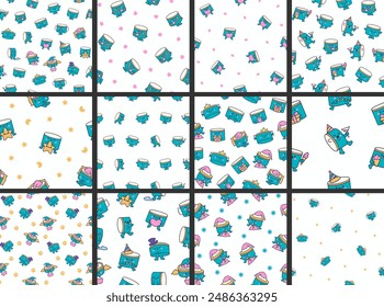 Cartoon kawaii drum character with sticks. Seamless pattern. Funny musical personage with drumsticks. Hand drawn style. Vector drawing. Collection of design ornaments.