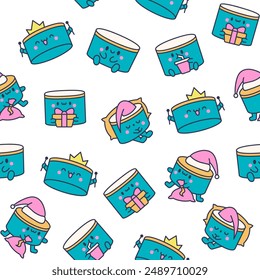 Cartoon kawaii drum character with sticks. Seamless pattern. Funny musical personage with drumsticks. Hand drawn style. Vector drawing. Design ornaments.