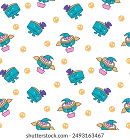 Cartoon kawaii drum character with sticks. Seamless pattern. Funny musical personage with drumsticks. Hand drawn style. Vector drawing. Design ornaments.