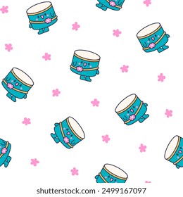 Cartoon kawaii drum character with sticks. Seamless pattern. Funny musical personage with drumsticks. Hand drawn style. Vector drawing. Design ornaments.