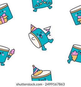 Cartoon kawaii drum character with sticks. Seamless pattern. Funny musical personage with drumsticks. Hand drawn style. Vector drawing. Design ornaments.
