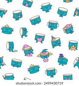 Cartoon kawaii drum character with sticks. Seamless pattern. Funny musical personage with drumsticks. Hand drawn style. Vector drawing. Design ornaments.