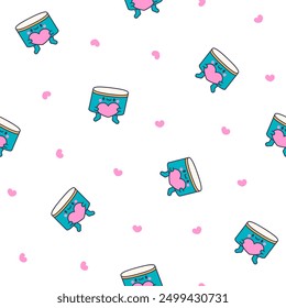Cartoon kawaii drum character with sticks. Seamless pattern. Funny musical personage with drumsticks. Hand drawn style. Vector drawing. Design ornaments.