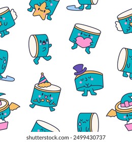 Cartoon kawaii drum character with sticks. Seamless pattern. Funny musical personage with drumsticks. Hand drawn style. Vector drawing. Design ornaments.