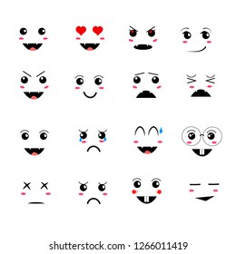 Cartoon kawaii eyes and mouths. Cute emoticon emoji characters in japanese style. Vector emotion smile cartoon, kawaii japanese anime illustration - Vector