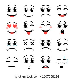 Cartoon kawaii eyes and mouths. Cute emoticon emoji characters in japanese style. Vector emotion smile cartoon. Vector illustration