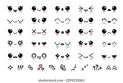 Cartoon kawaii face. Cute japanese anime character faces, eyes and mouth, happy and sad emotions facial, emoji boy and girl, emoticons. Vector set. Adorable facial expressions isolated collection