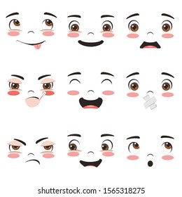 Cartoon kawaii face in different expressions clipart.