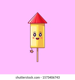 Cartoon kawaii Firework with Admiring face. Cute Firework rocket with Burning fuse, festive Character with Rapt emotion. Vector illustration