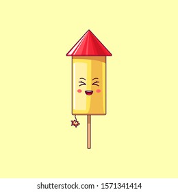 Cartoon kawaii Firework with Laughing face. Cute Firework rocket with Burning fuse, festive Character with Cheerful emotion. Vector illustration
