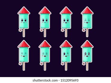 Cartoon Kawaii Firework rocket, Christmas Sticker set. New Year and Xmas collection of Cute Fireworks with burning fuse and emotions. Festive Character with expressions, vector illustration