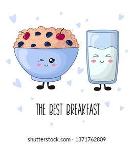 Cartoon kawaii food - sweet porridge with berries (cherry and blueberry) and glass of milk - the best breakfast - on white background, card or poster template with meal, cute characters. Vector flat