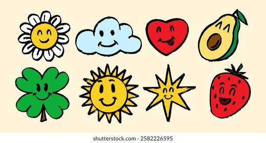Cartoon kawaii fruits flowers and cloud with faces. Sun grunge expressions emoji with different emotions. Cute avocado and clover hand drawn brushstroke