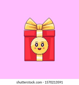 Cartoon kawaii Gift Box with Admiring face. Cute red Gift with golden Bowknot, festive Character with Rapt emotion. Vector illustration