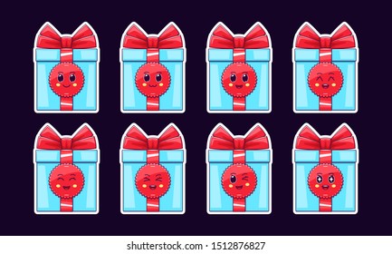 Cartoon Kawaii Gift Box, Christmas Sticker set. New Year and Xmas collection of Cute Gift with Red bow, different emotions. Festive Character with expressions, vector illustration