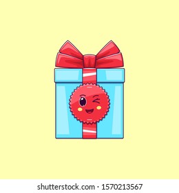 Cartoon kawaii Gift Box with Winking face. Cute blue Gift with red Bowknot, Childish Character with Cheerful emotion. Vector illustration