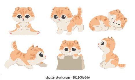 Cartoon kawaii ginger striped kitten set. Different emotions. Sitting, sleeping, playing cat. Cute domestic animal collection. Vector illustrations isolated on white background.