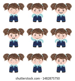 Cartoon kawaii girl in different emotions set.