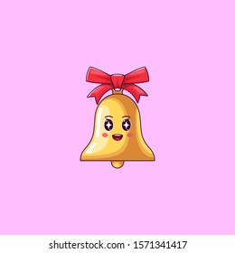 Cartoon Kawaii Golden Bell with Admiring Face. Cute Bell with red Bowknot, Childish Character with Rapt emotion. Vector illustration