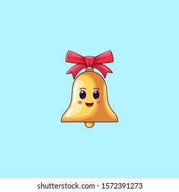 Cartoon Kawaii Golden Bell with Cheerful Face. Cute Bell with red Bowknot, Childish Character with Cheerful emotion. Vector illustration