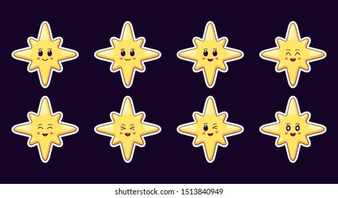 Cartoon Kawaii Golden Star, Christmas Sticker set. New Year and Xmas collection of Cute Star with 8 rays, different emotions. Festive Character with expressions, vector illustration