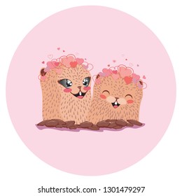 Cartoon kawaii groundhog with lovely hearts, valentines day greeting.