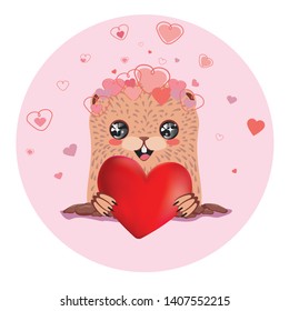 Cartoon kawaii groundhog with lovely hearts, valentines day greeting.