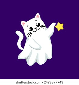 Cartoon kawaii Halloween ghost cat character joyfully playing with star. Isolated vector adorable kitten pet spook following dream, blending spectral charm and celestial playfulness in whimsical night