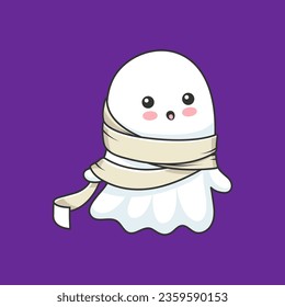 Cartoon kawaii Halloween ghost character donning a charming mummy costume wrapped in bandage, exuding a delightful mix of spookiness and cuteness. Adorable, cute vector baby spirit personage