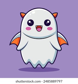 Caricatura kawaii personaje fantasma de halloween. Vector aislado divertido espantapájaros con ojos amistosos, alas de murciélago, colmillos vampiro y blanco, forma sonriente, flota alegremente 