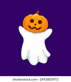 Cartoon kawaii Halloween ghost character wear pumpkin on its head. Isolated vector cute baby spook personage enjoying horror night with jack lantern as a mask, having fun at spooky holiday season