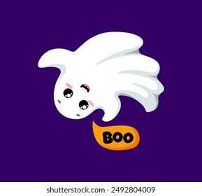 Cartoon kawaii Halloween ghost character with cute mischievous face and raised arms saying boo. Vector funny and charming, spooky and adorable spirit flying at holiday night and playfully frighten