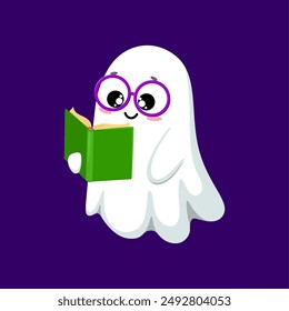 Cartoon kawaii Halloween ghost character wearing glasses reading a book. Isolated vector smart spook bookworm enjoying fairytale stories with happy face expression, during festive and funny night