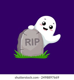 Cartoon kawaii Halloween ghost character happily peeking out the tombstone with RIP inscribed. Isolated vector adorable spook phantom wandering among graves on the night cemetery at festive night