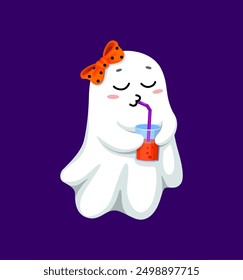 Cartoon kawaii Halloween ghost character sipping juice with a straw, wearing a cute bow. Isolated vector fun and playful spook girl personage enjoying refreshing cocktail during festive party night