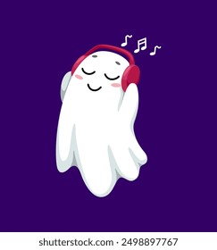 Cartoon kawaii Halloween ghost character wearing red headphones, enjoying music. Isolated vector cute little spook or phantom radiating adorable charm and spooky fun while listening festive melody