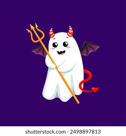 Cartoon kawaii Halloween ghost character dons devil horns, wings and pitchfork for a whimsical party look. Adorable, cute, playful vector spook in funny charming costume celebrates party night