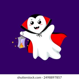 Cartoon kawaii Halloween ghost character in cute vampire costume with black cape, red collar and fangs, carrying glowing lantern during in trick or treat party. Isolated vector playful spooky phantom