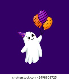 Cartoon kawaii Halloween ghost character in festive cap holding a bunch of colorful balloons. Isolated vector cute and playful spook personage celebrating party, radiating charm and spooky innocence