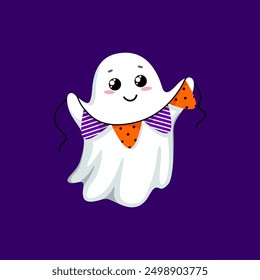 Caricatura kawaii personaje fantasma de Halloween con guirnalda festiva. Adorable personaje de espíritu de bebé de Vector que decora el hogar con banderas de banderín que agregan un toque encantador y espeluznante a la celebración de vacaciones