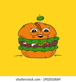 Cartoon kawaii hamburger on yellow background. Vector 