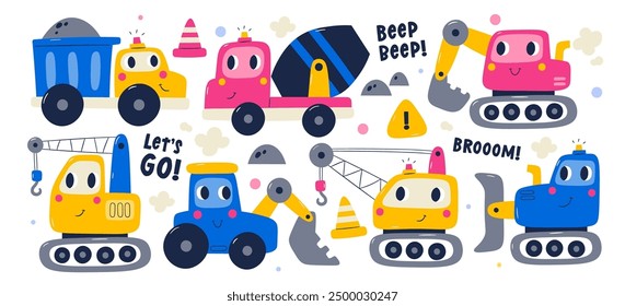 Cartoon kawaii heavy machinery cars childish construction vehicles with happy faces isolated set. Funny digger, concrete mixer, dumper truck, tractor, backhoe transport kids design vector illustration