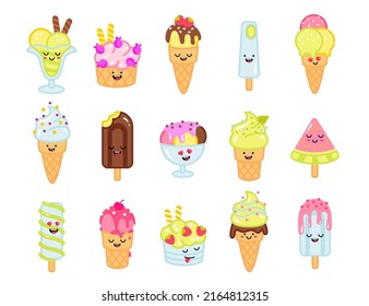 Cartoon kawaii ice cream set. Colorful chocolate, fruit icecream on stick or in waffle cone with smiling face, eyes and mouth isolated on white background. Vector illustration