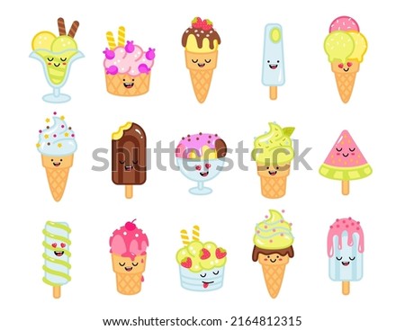 Cartoon kawaii ice cream set. Colorful chocolate, fruit icecream on stick or in waffle cone with smiling face, eyes and mouth isolated on white background. Vector illustration