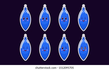 Cartoon Kawaii Icicle toy, Christmas Sticker set. New Year and Xmas Cute set of blue glass Icicle, Noel decoration with emotions. Festive Character with expressions, vector illustration