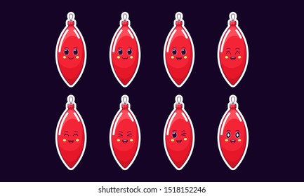 Cartoon Kawaii Icicle toy, Christmas Sticker set. New Year and Xmas Cute set of red glass Icicle, Noel decoration with emotions. Festive Character with expressions, vector illustration