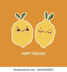 Cartoon kawaii lemon character, trendy lettering. Design for t shirt sticker, poster, card