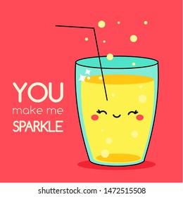 Cartoon kawaii lemonade. Cute drink character with typography you make me sparkle. illustration for romantic cards, posters, prints